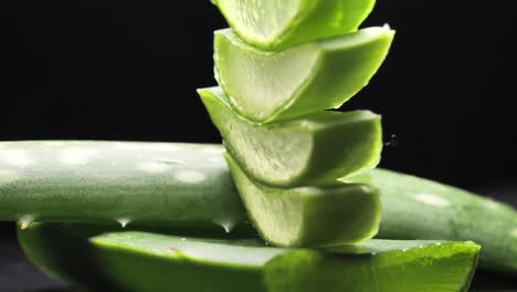 aloe vera fresco cortado en rodajas sobre fondo negro, concepto de hierba verde para la presentación de productos cosméticos y para el cuidado de la piel, movimiento suave y redondo