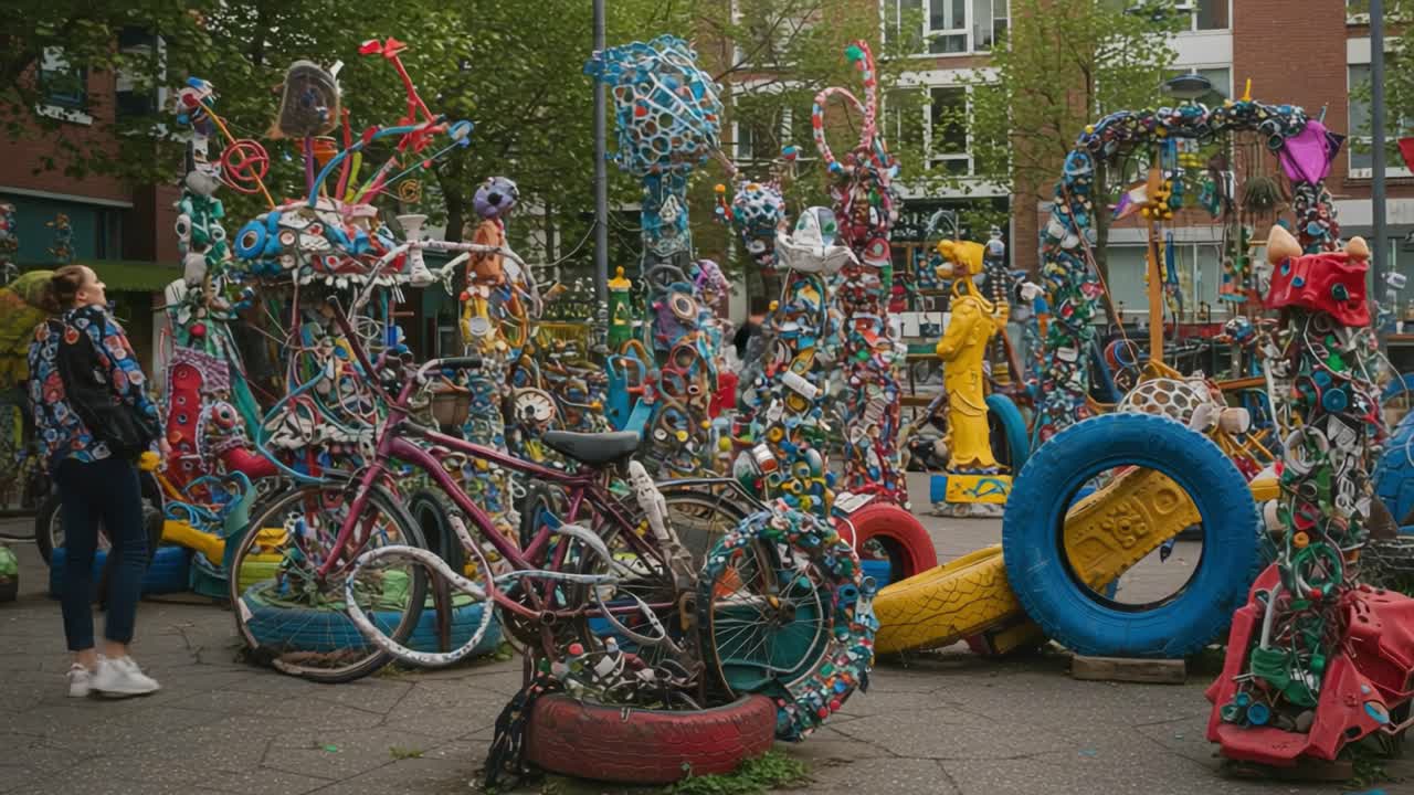 A Colorful Display of Whimsical Art Installations Featuring Recycled Materials and Playful Sculptures in a Lively Urban Park Setting