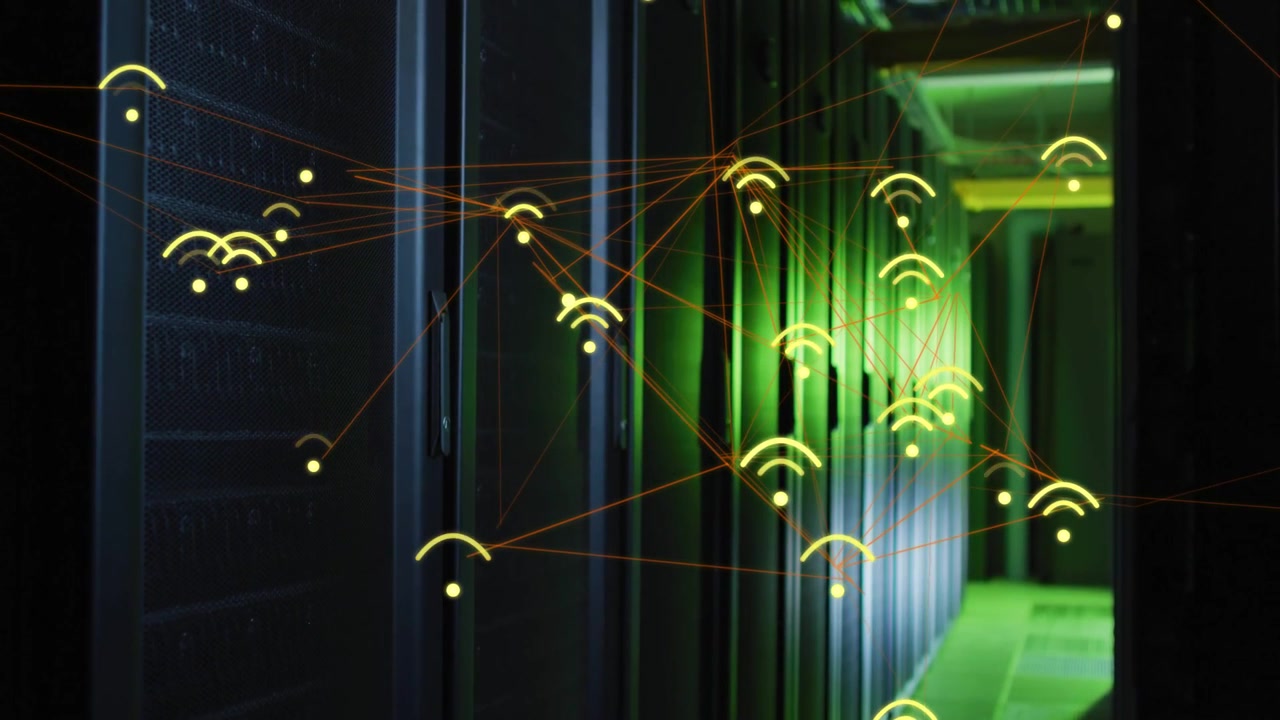 Data center racks receiving pings, animating yellow icons into orange mesh, mapping network