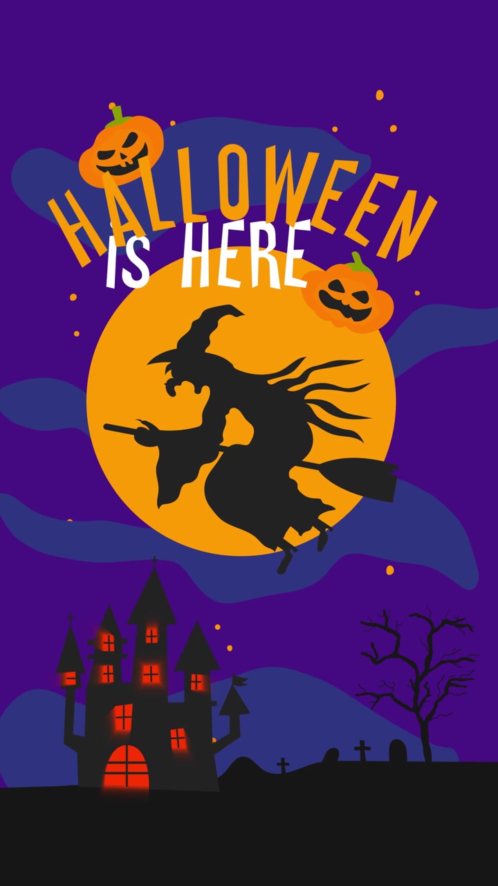 Augurio di Halloween Animato con Strega che Vola Davanti alla Luna Piena.
