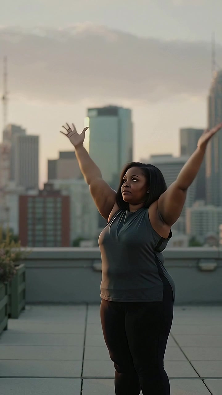 Video vertical: Mujer inspirada por la luz del amanecer, con ropa de entrenamiento oscura, estirando los brazos en una terraza en la azotea