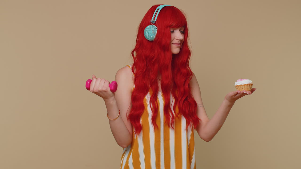 은 머리 젊은 여성은 덤벨과 달한 도 케이크를 들고 피트니스 다이어트 또는 정크 푸드 중 하나를 선택합니다.