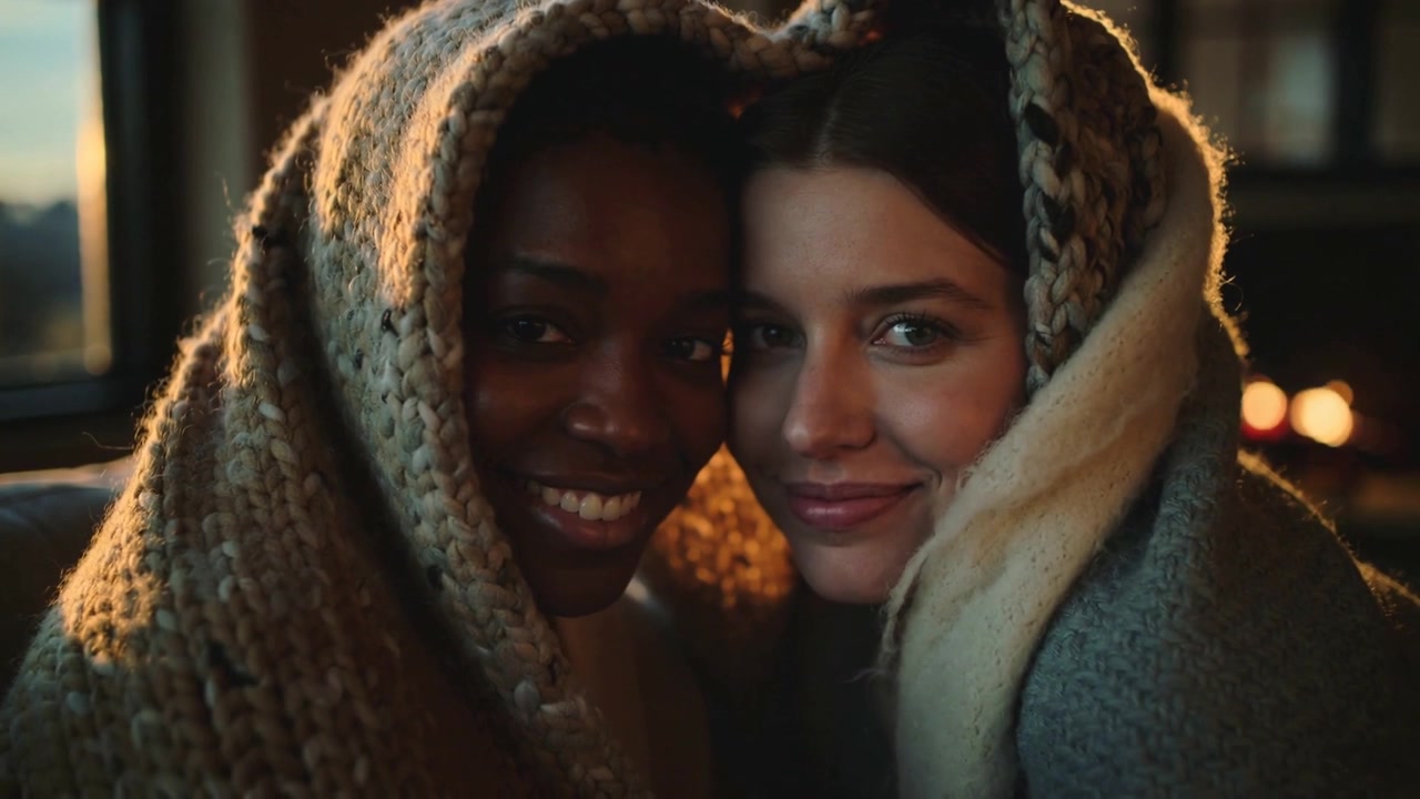 Donne rannicchiate aprono gli occhi e sorridono sul divano vicino alla finestra, riscaldate dalla luce del fuoco, con una coperta spessa.