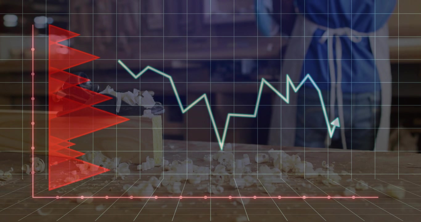 Base grid appearing and starting cyan line tracing finance metric over counter, man staying passive
