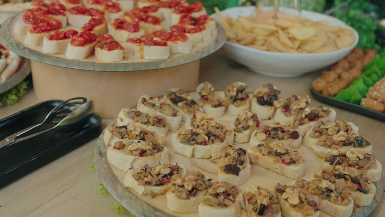 variety of bruschetta and chips arranged for festive gathering