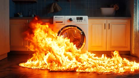 a burning washing machine in a kitchen with a fire coming out of it