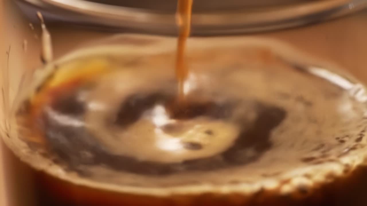 Captivating Close-Up of Aromatic Brew: A Journey into the Rich, Dark World of Coffee as It Releases its Flavorful Essence and Invites the Senses to Indulge