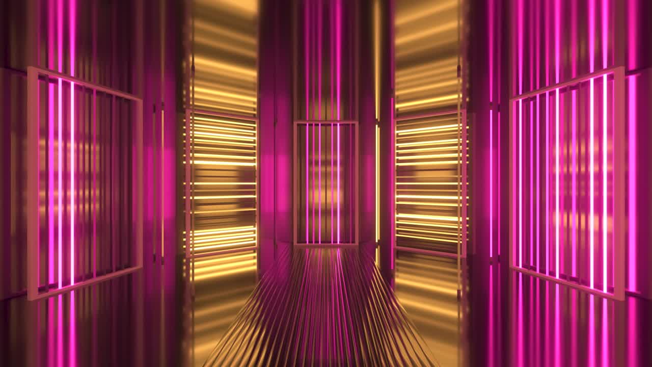 telón de fondo de neón. el telón de fundo de neón púrpura y amarillo aparece y desaparece. el teló de fondo de neon vivo brillante. la habitación metálica.