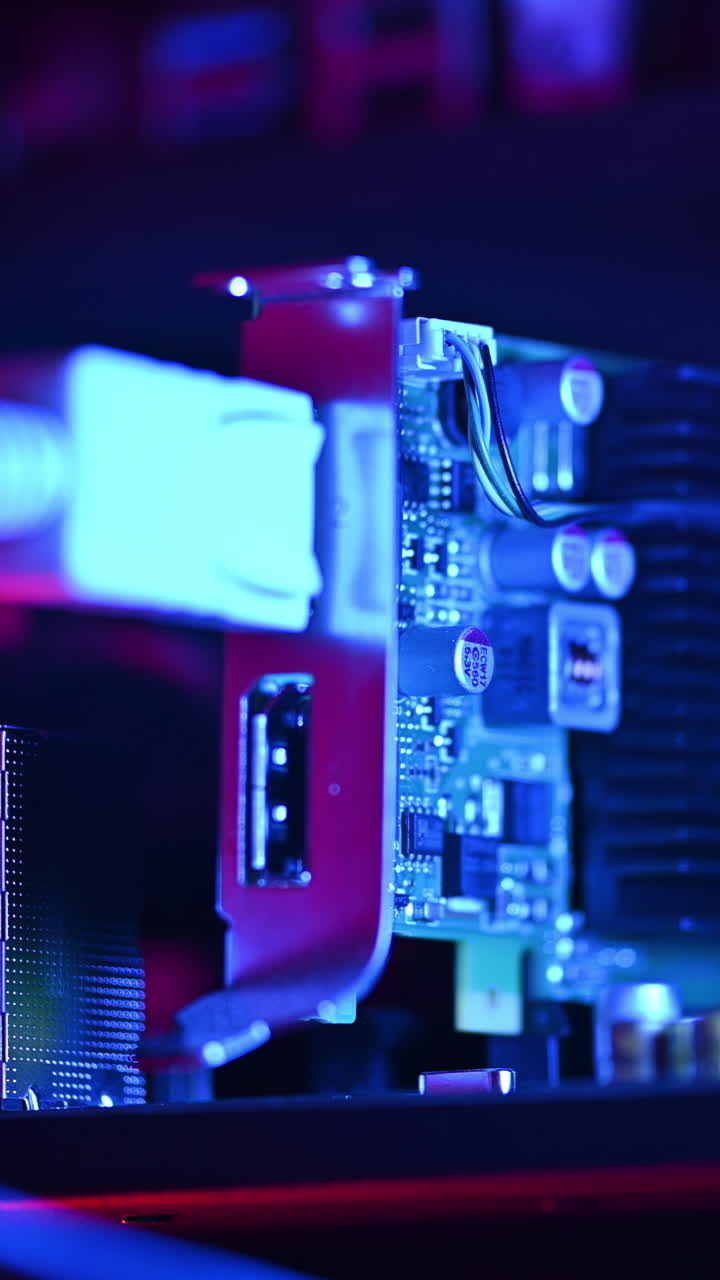 Close up of a server with flashing colourful lights in a data center. Vertical