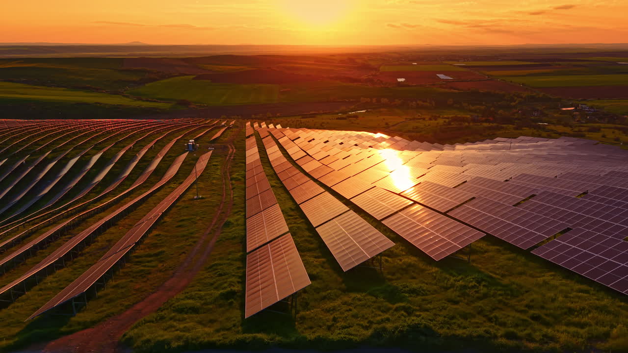 Solnedgangsbillede af solpaneler på en mark, der fanger sollyset, som reflekteres fra panelerne i aftentimerne.
