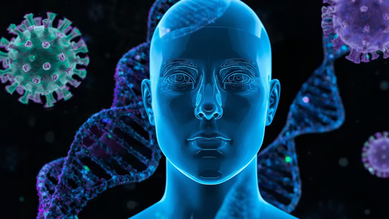 Animating translucent 3D bare bust centered in medical graphic, DNA helix and virus orbs drifting