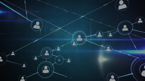 digital animation of network of profile icons against light trails on blue background