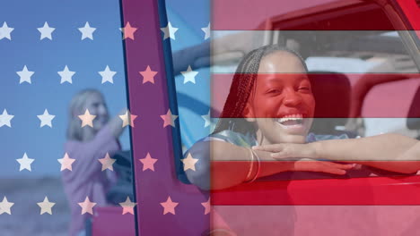 animation of flag of usa over happy diverse women in car by beach in summer