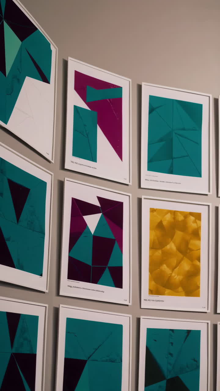 A collection of abstract geometric art prints displayed on a wall