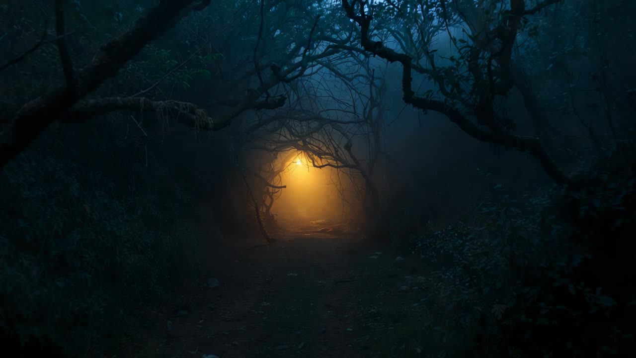 Pulsing golden glow at path's end hinting at hidden portal and swirling mist under arching branches