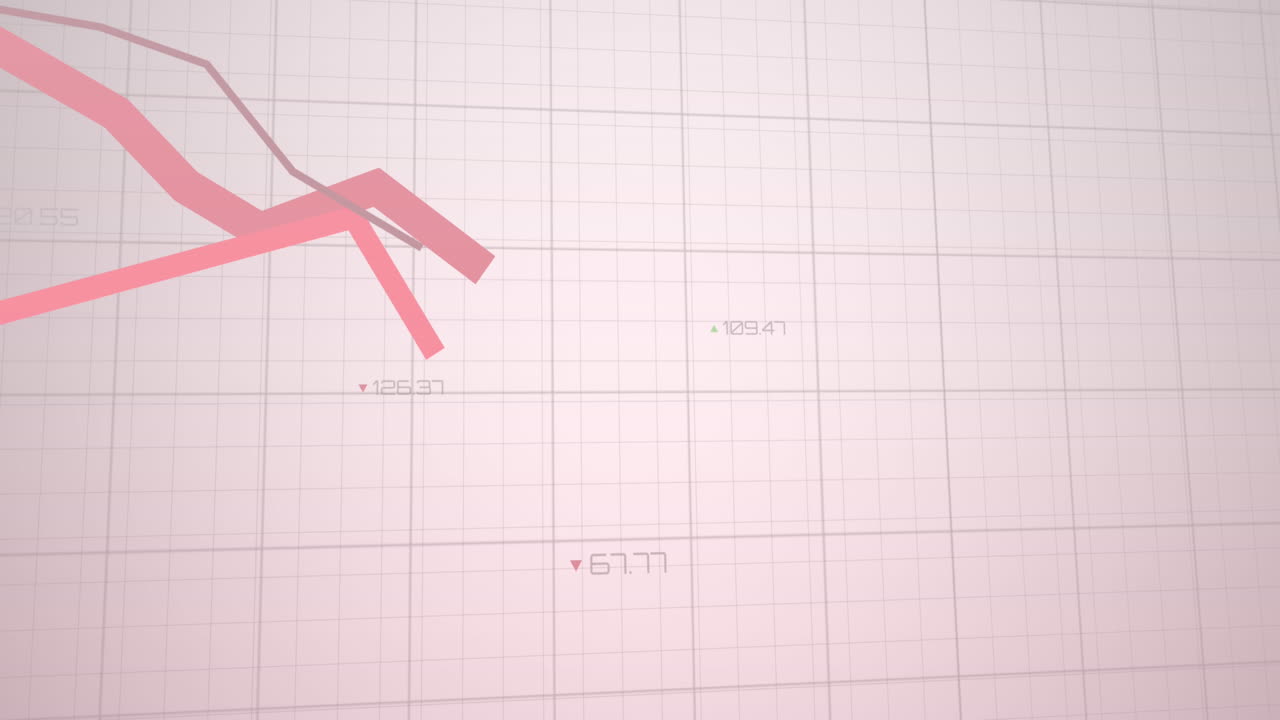 Animation of red lines and financial data processing over grid