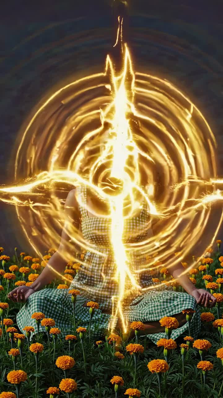 Young woman meditating in a field of orange flowers with her eyes closed, surrounded by a golden energy field, conveying a sense of peace and connection with nature