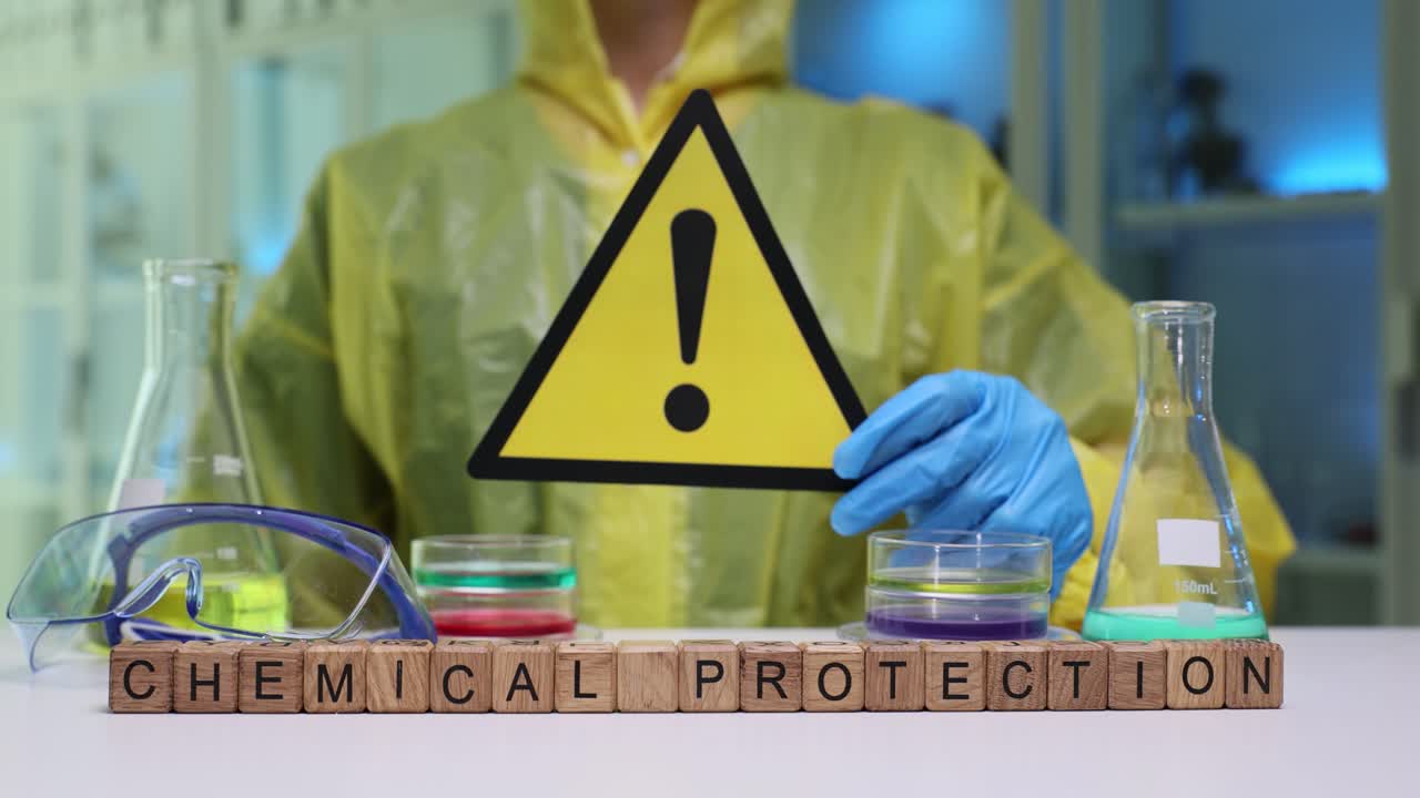 Blocchi di legno formano le parole "protezione chimica" vicino a vetreria da laboratorio.