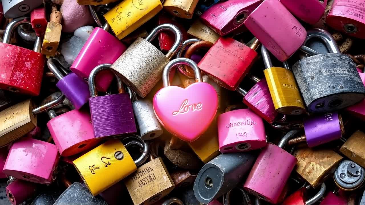 A bunch of padlocks with a heart shaped lock on them