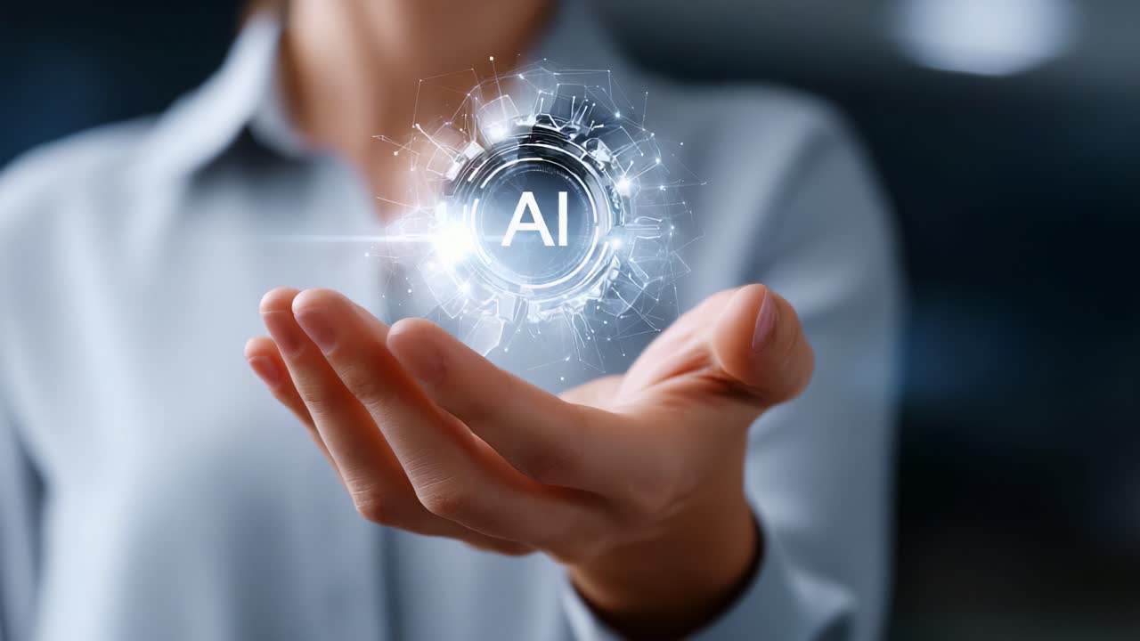 A person presenting a glowing artificial intelligence sphere in their hand, symbolizing the power and potential of AI technology in today's modern world