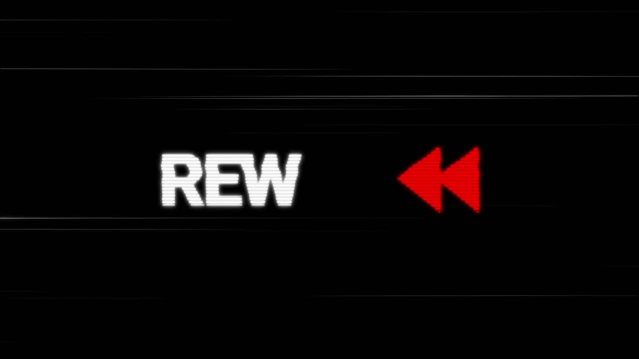 Retro Glitch Rewind Text and Arrows on Black Background
