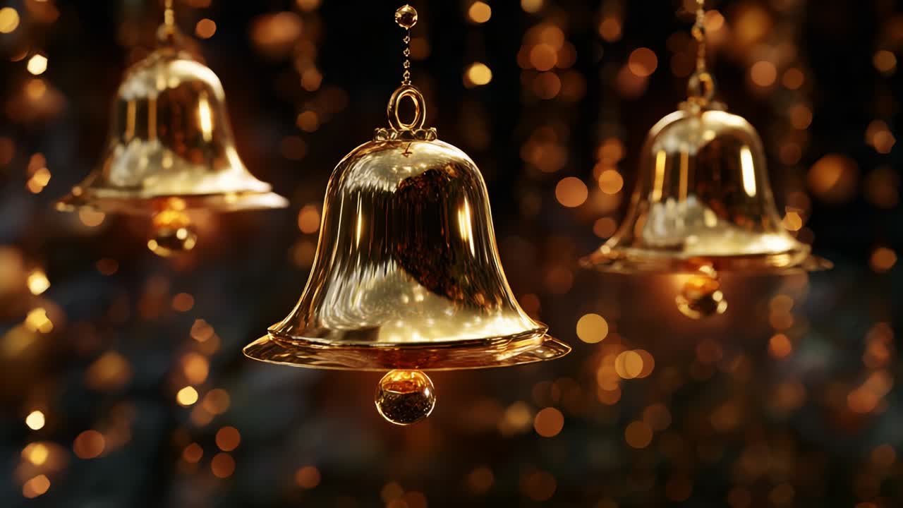 A mesmerizing scene featuring shimmering golden bells elegantly suspended, surrounded by a soft glow of warm lights, creating a festive atmosphere that captivates the viewer's attention with its beauty and charm