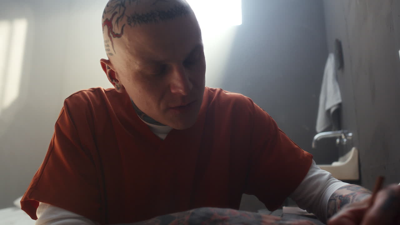 Tattooed Inmate Feeling Nervous as Writing Letter in Prison Cell