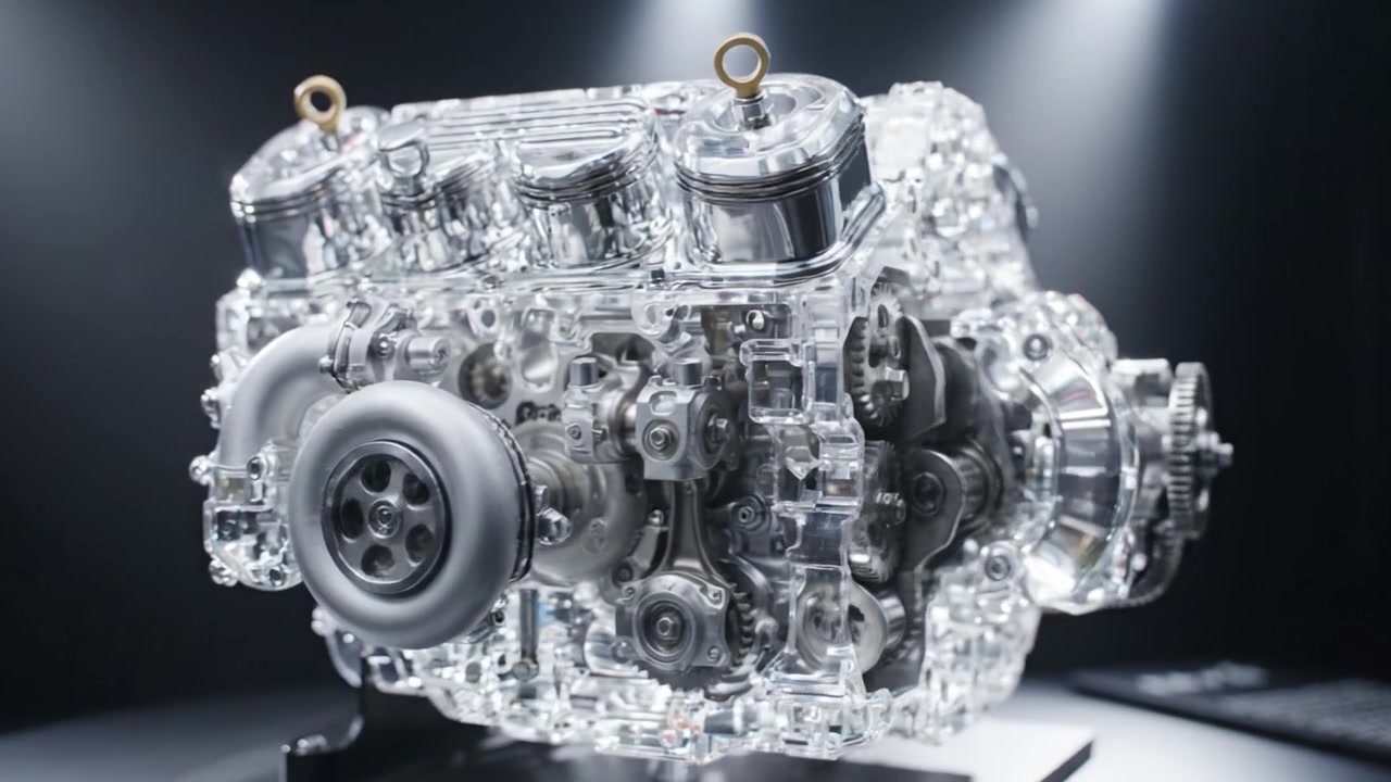 A Detailed Look at a Transparent Engine Model Showcasing Its Internal Mechanisms and Design, Highlighting the Intricacies of Modern Automotive Engineering and Technology