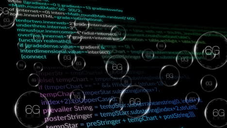animation of 6g text and digital data processing over black background