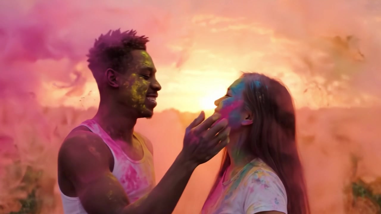 Una celebrazione colorata dell'amore: una coppia si abbraccia in una vivida esplosione di colori Holi al tramonto, catturando gioia e connessione in un bellissimo paesaggio.