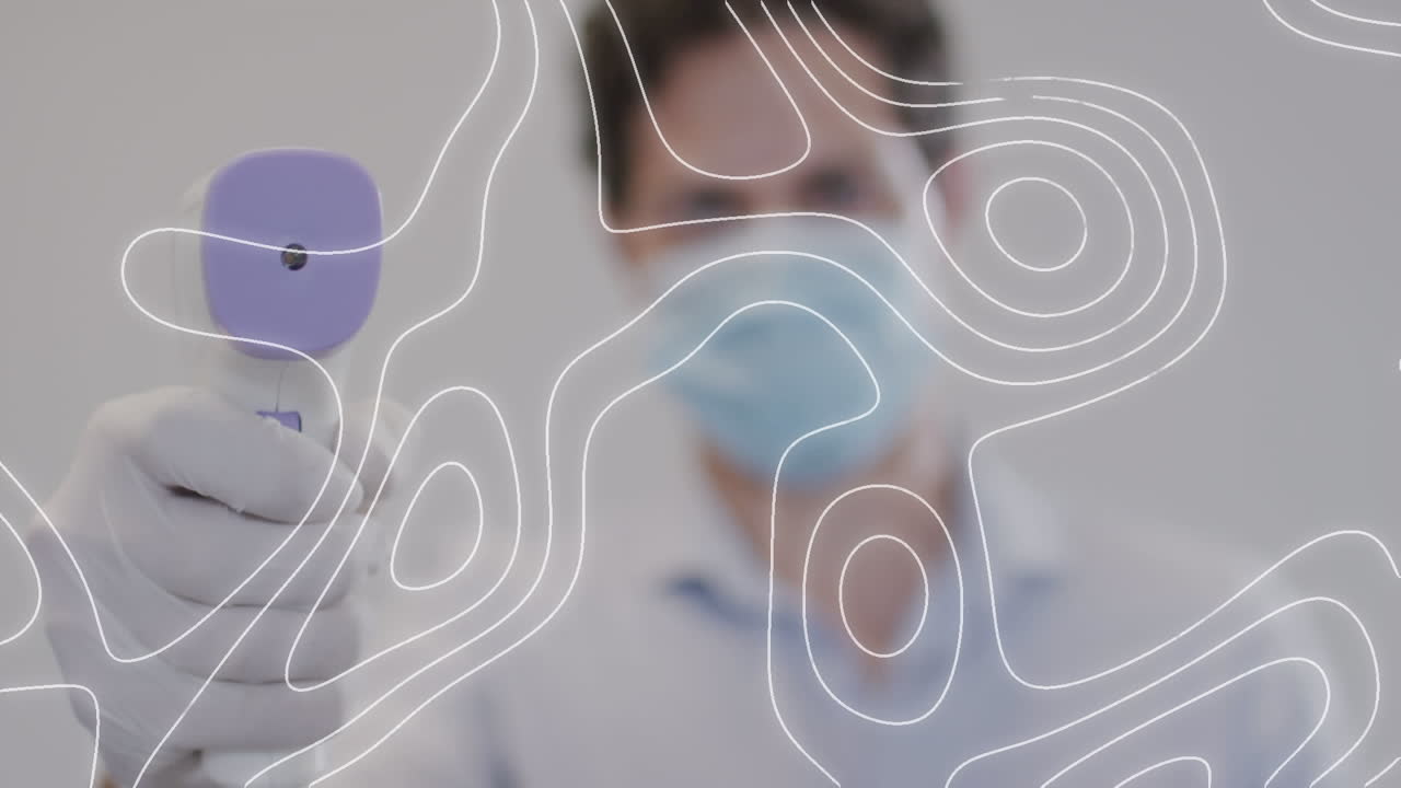 얼굴 마스크를 쓰고 온도를 측정하는 남자 위에  ⁇  줄의 애니메이션