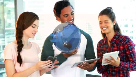 Animation-of-globe-over-diverse-group-of-business-colleagues-using-digital-devices-talking