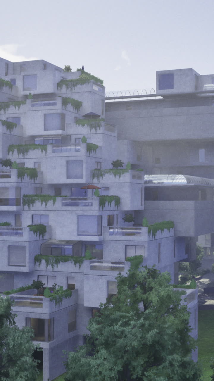 Modern architectural structure with green spaces in urban setting