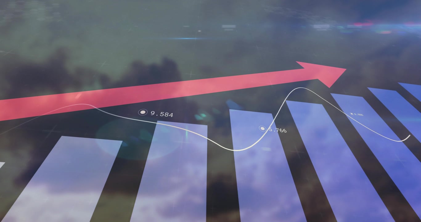 Thin white line entering left, tracing bars, marking peaks, stabilizing to illustrate market trend