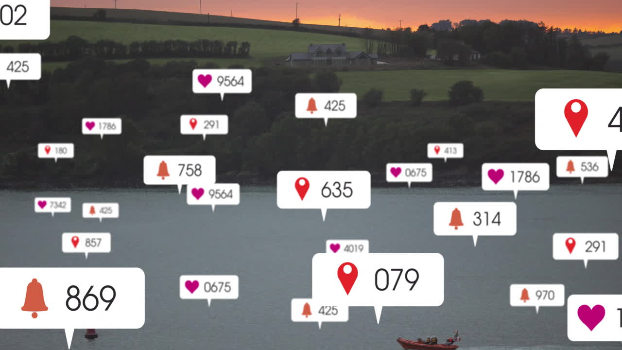 Animation of social media notifications overlaying serene lake with boat and hills