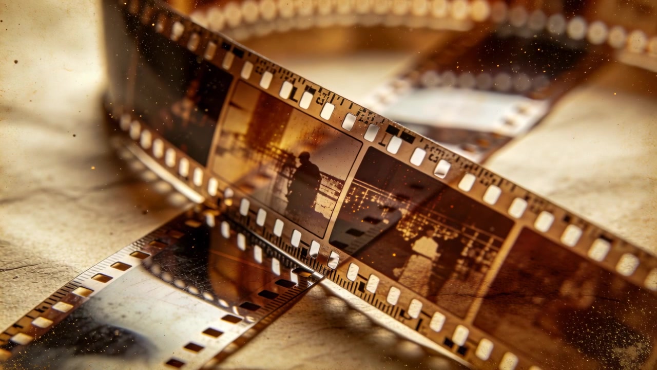 Skiftende kamera skubber ravfarvede filmstrimler på papir, bringer negativer i fokus og afslører et par.