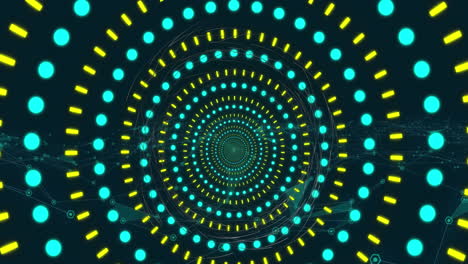 animación de formas circulares de neón en un patrón sin costuras contra una red de iconos digitales.