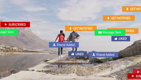 notificaciones de las redes sociales animación sobre una pareja tomándose de la mano y caminando por el mar