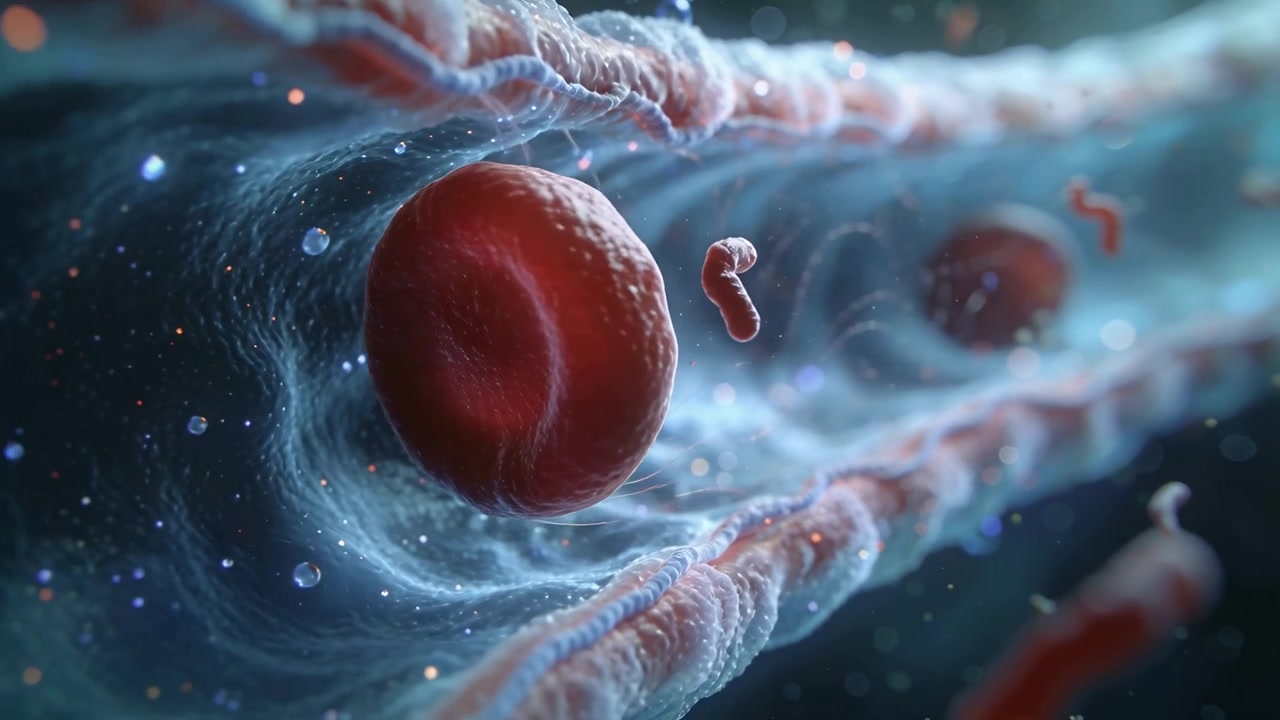 Plasma che scorre spinge un globulo rosso attraverso un canale fibroso intrecciato, con filamenti che si attaccano