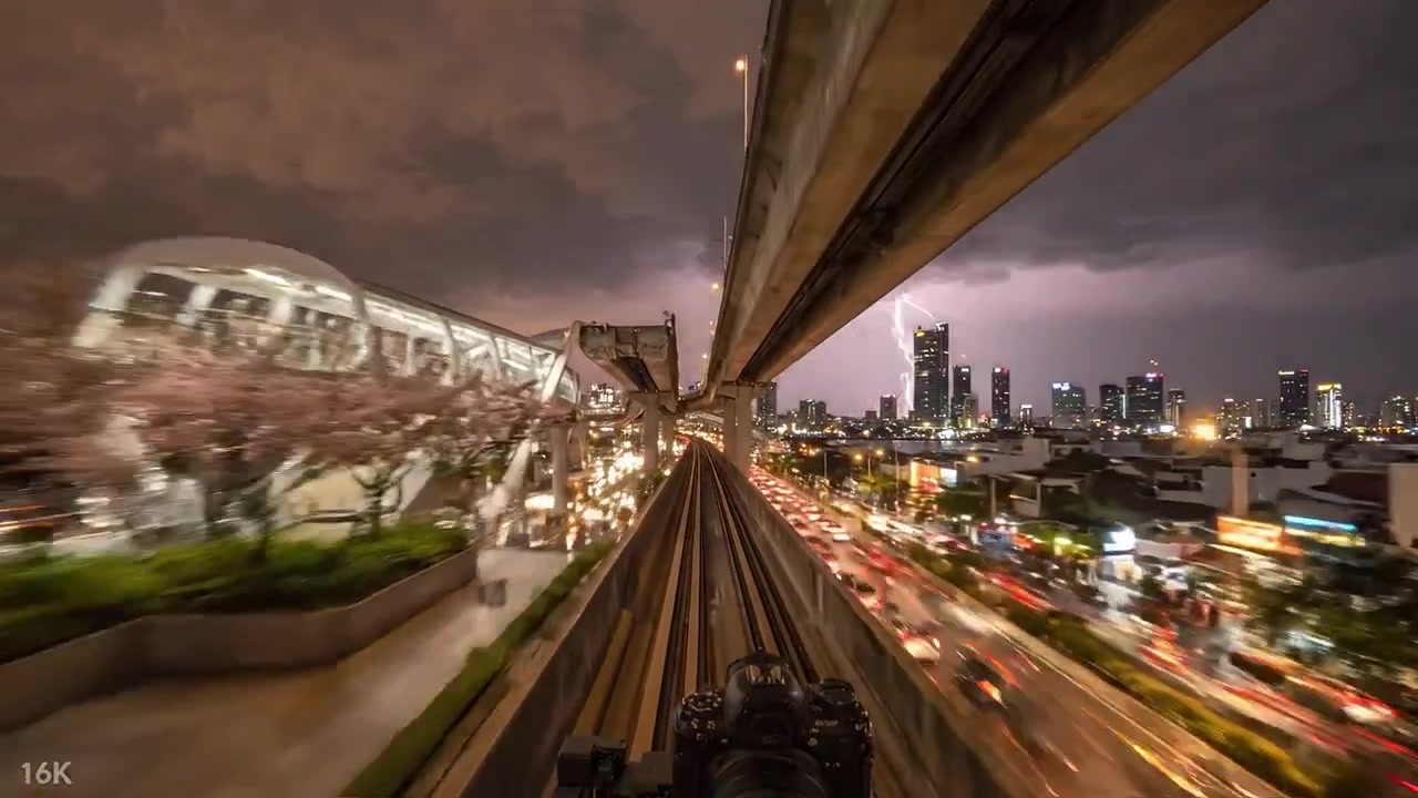 Dynamic Urban Landscape Under Stormy Skies with Lightning and Motion Blur Capturing the Essence of Nightlife and Transportation in a Metropolis