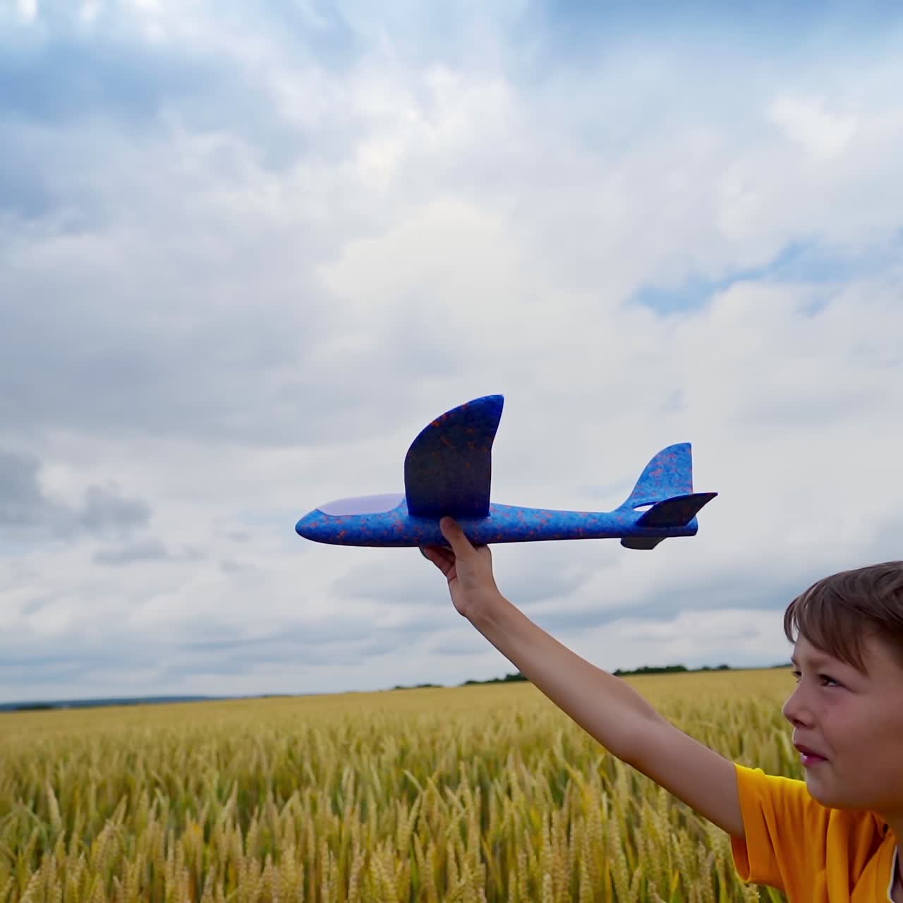 Little boy playing on field. Cute child in yellow t-shirt walks in agricultural land and holds the toy plane over his head. Front view.