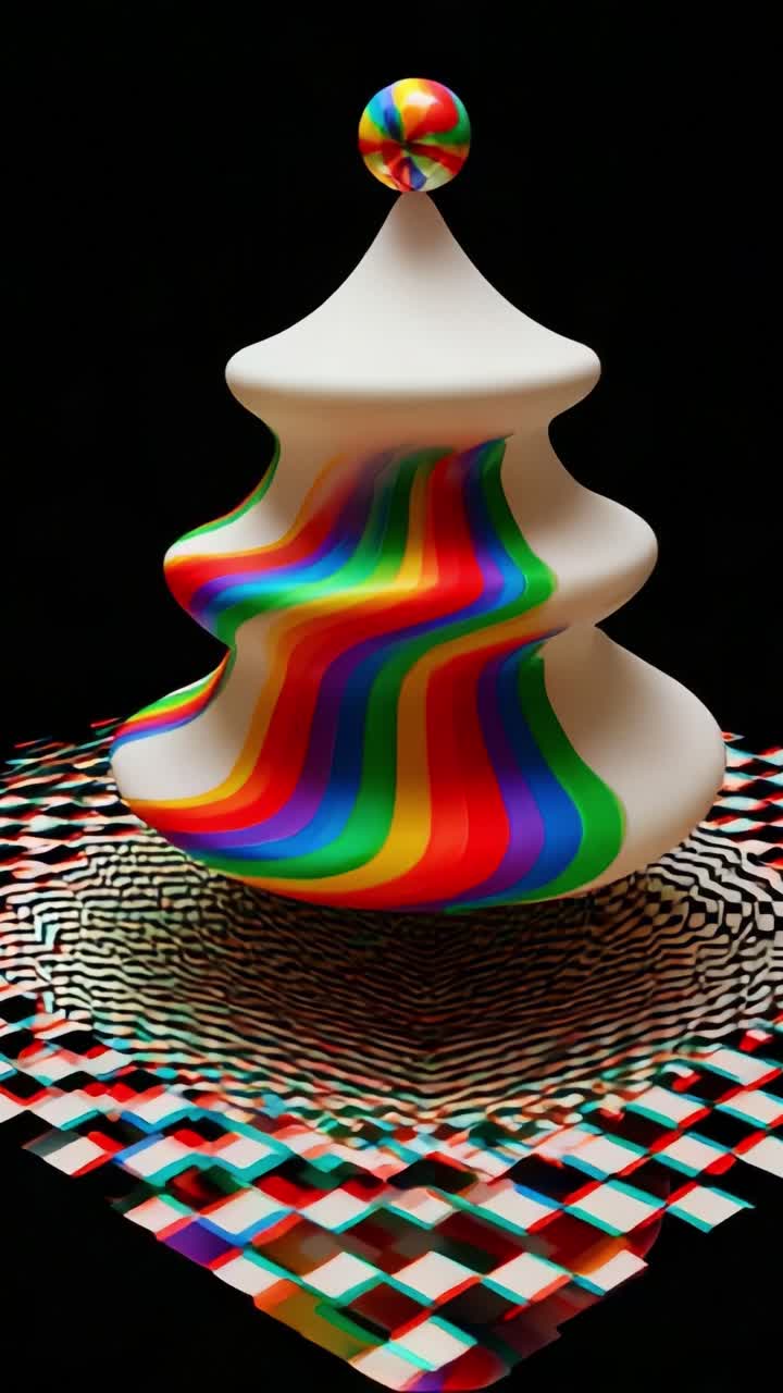 A Vibrantly Colored Abstract Christmas Tree Sculpture Featuring Flowing Rainbow Stripes and a Top Decorative Sphere, Set Against a Dark Background with Intricate Geometric Patterns Below