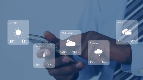 Animation-of-weather-forecast-overhands-of-african-american-man-using-smartphone