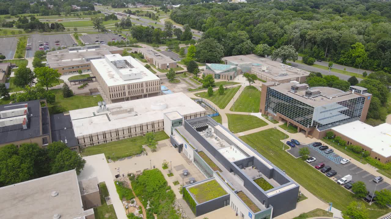 Henry Ford College, Dearborn Michigan, USA, high altitude aerial orbit view