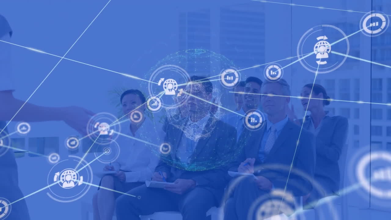 사무실에서 다양한 사업가들과의 아이콘과의 연결 네트워크의 애니메이션