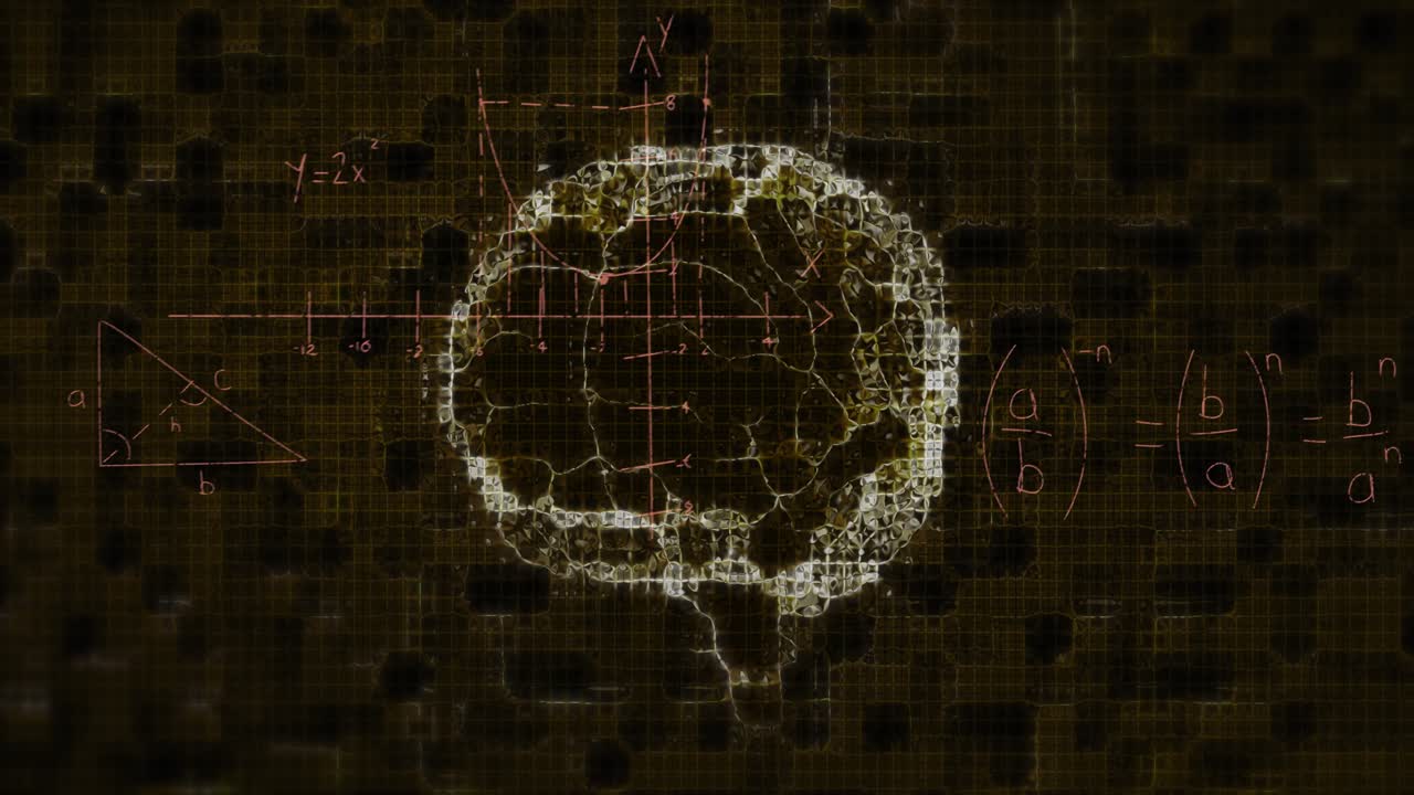 Upon emerging curve brain outline forming as axes formulas triangle parabola cone animating synergy