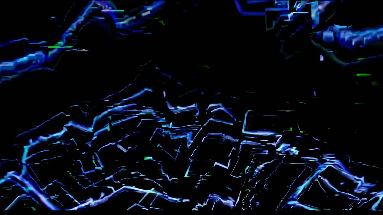 Abstract digital art with glitch effects and neon blue lines, viewed from a dynamic, low-angle