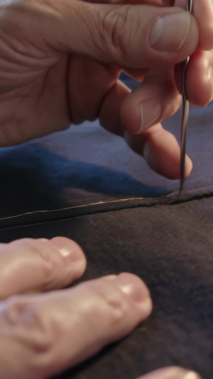 Vertical video: Lowering senior hands pushing needle through seam at home, repairing dark fabric