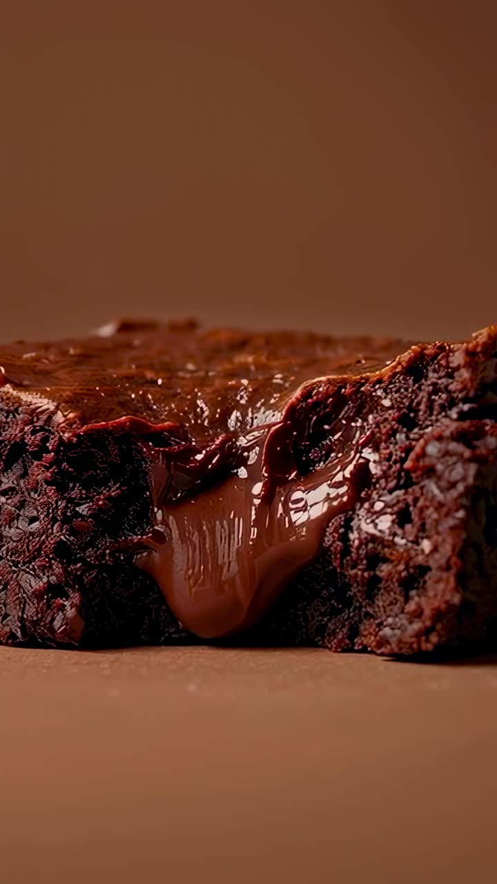Video verticale: fessura che si apre dopo il taglio, brownie con cuore fuso che cola su un tavolo da studio con riflessi