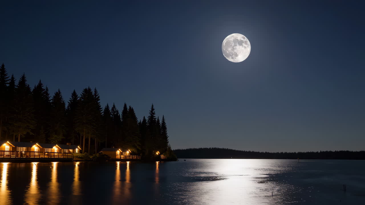 Lakefront Cabins at Night Under a Full Moon